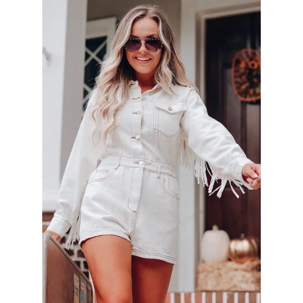 Le Lis White Fringe Denim Romper Jumpsuit – Size Small